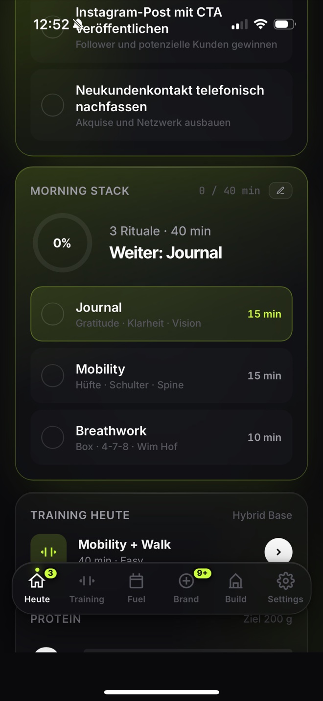 Managed.OS Heute-Screen mit Morning Stack: Journal, Mobility und Breathwork, plus Training und Content-Aufgaben des Tages.