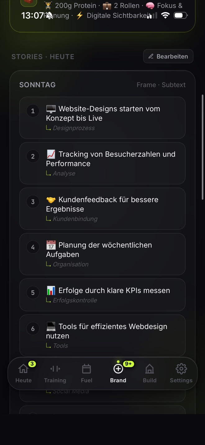 Brand-Screen mit den Story-Ideen des Tages, durchnummeriert und thematisch sortiert.