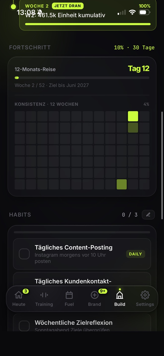 Build-Screen Fortschritt: 12-Monats-Reise an Tag 12, eine 12-Wochen-Konsistenz-Heatmap und tägliche Habits.
