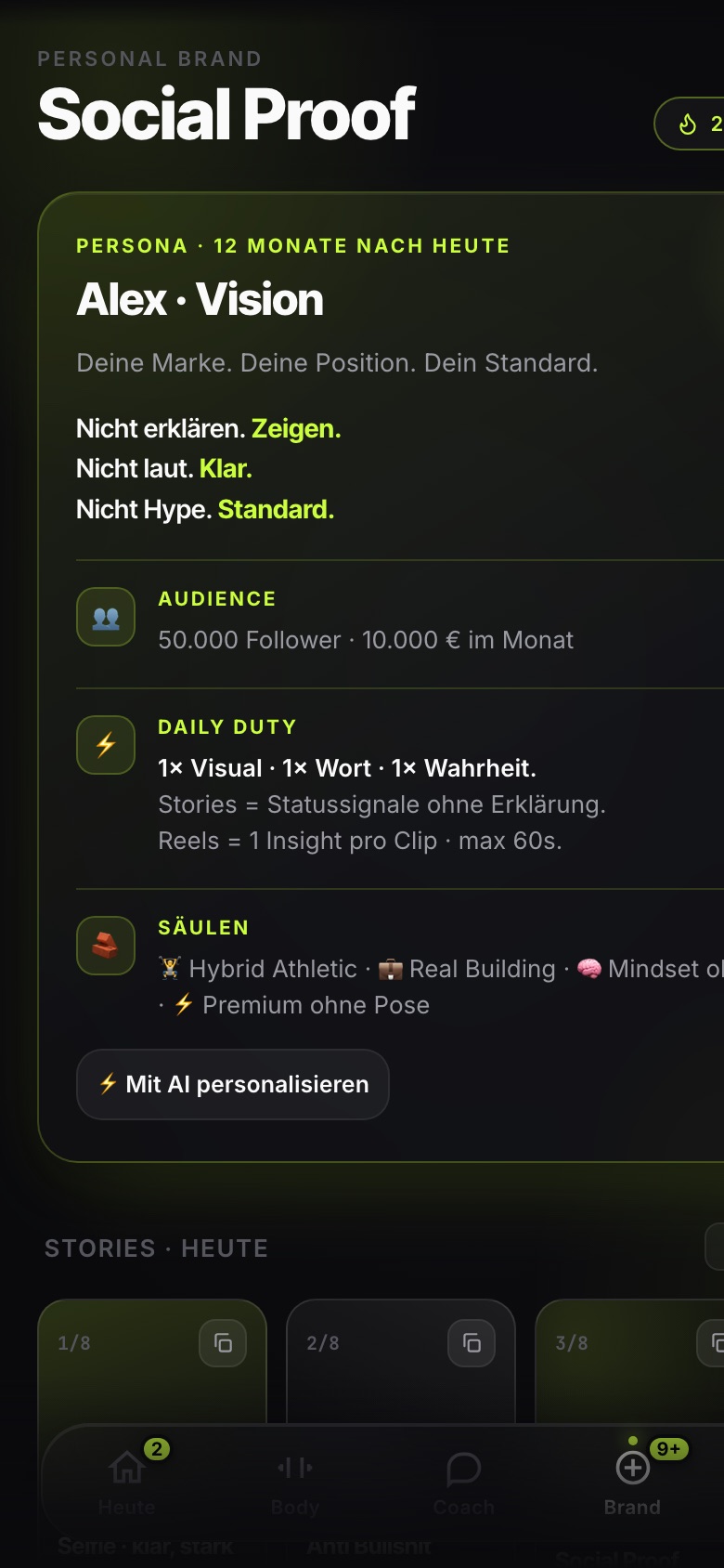 Brand-Screen mit Persona-Brief, Ship-Serie und den Story-Frames des Tages.