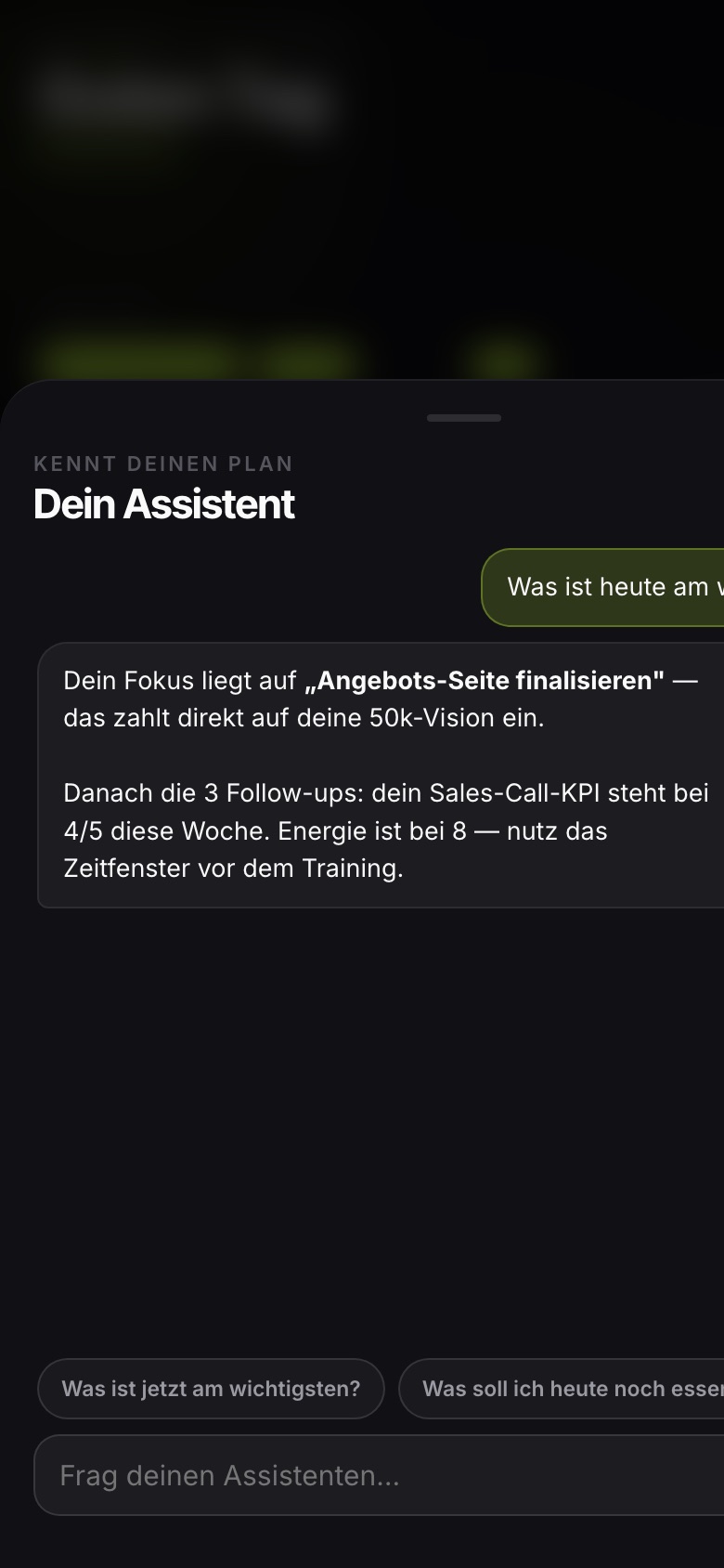 Der Coach in Managed.OS beantwortet „Was ist heute am wichtigsten?