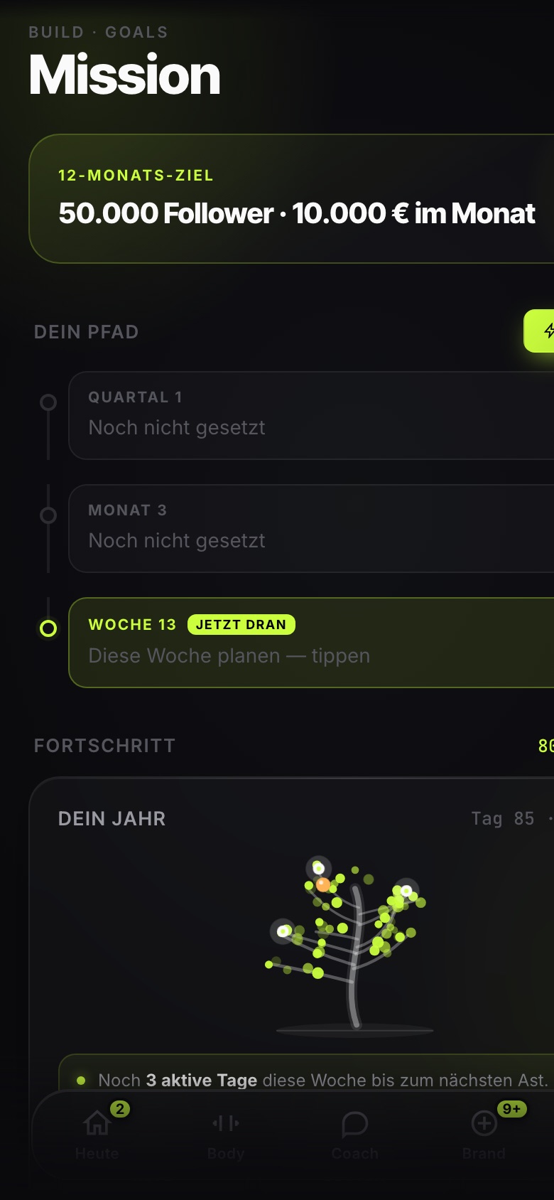 Build-Screen: 12-Monats-Ziel, der Pfad durch Quartal und Woche, darunter der wachsende Jahresbaum.